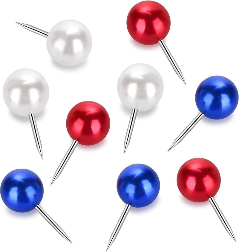 Wteehn 60 Pcs Push Pins, Thumb tacks for Decorative Wall, Pearl White Blue Red Thumbtacks for Bulletin Board Corkboard Map Calendar Photo Home Office - Image 3